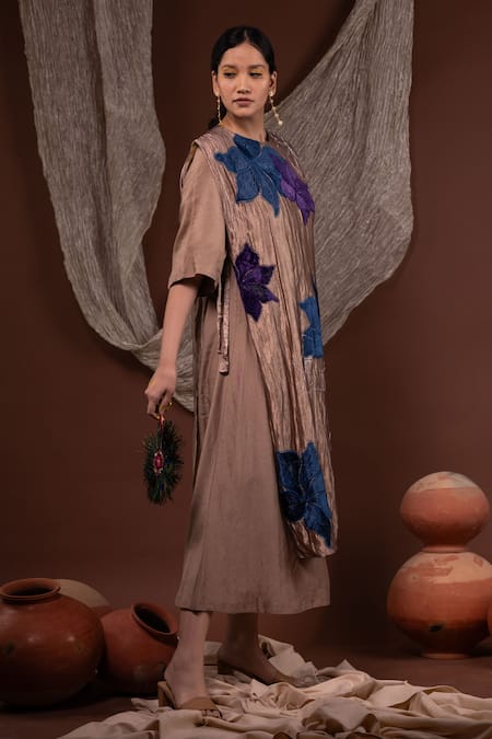 Shop Chambray & CO. Gold Silk, Linen Embroidery, Applique Round Neck Floral Overlay And Tunic Set Online at Aza Fashions Shop_Chambray & CO._Gold Silk, Linen Embroidery, Applique Round Neck Floral Overlay And Tunic Set _Online_at_Aza_Fashions