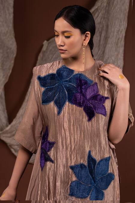 Chambray & CO. Gold Silk, Linen Embroidery, Applique Round Neck Floral Overlay And Tunic Set at Aza Fashions Chambray & CO._Gold Silk, Linen Embroidery, Applique Round Neck Floral Overlay And Tunic Set _at_Aza_Fashions