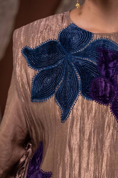 Buy Chambray & CO. Gold Silk, Linen Embroidery, Applique Round Neck Floral Overlay And Tunic Set Buy_Chambray & CO._Gold Silk, Linen Embroidery, Applique Round Neck Floral Overlay And Tunic Set