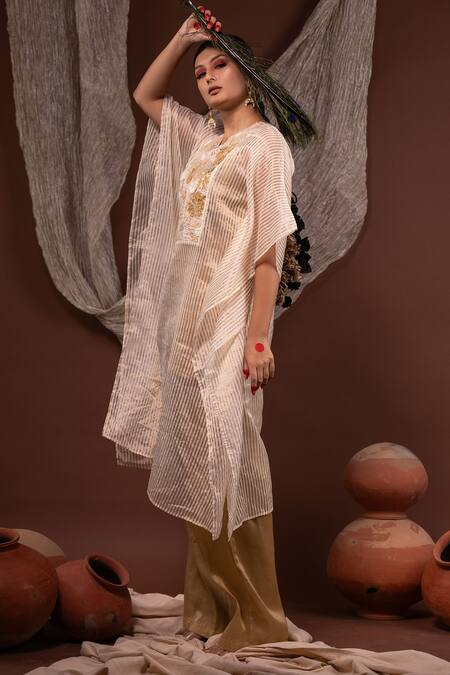 Buy Chambray & CO. Ivory Chanderi, Silk Embroidery V-neck Floral Kaftan Set Online at Aza Fashions Buy_Chambray & CO._Ivory Chanderi, Silk Embroidery V-neck Floral Kaftan Set _Online_at_Aza_Fashions