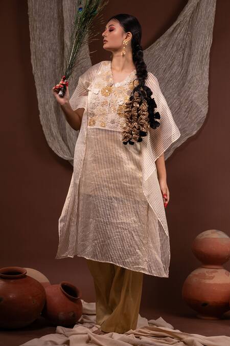 Shop Chambray & CO. Ivory Chanderi, Silk Embroidery V-neck Floral Kaftan Set Online at Aza Fashions Shop_Chambray & CO._Ivory Chanderi, Silk Embroidery V-neck Floral Kaftan Set _Online_at_Aza_Fashions
