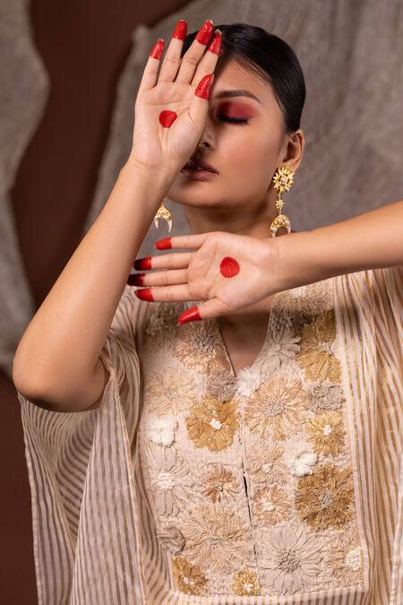 Buy Chambray & CO. Ivory Chanderi, Silk Embroidery V-neck Floral Kaftan Set Buy_Chambray & CO._Ivory Chanderi, Silk Embroidery V-neck Floral Kaftan Set