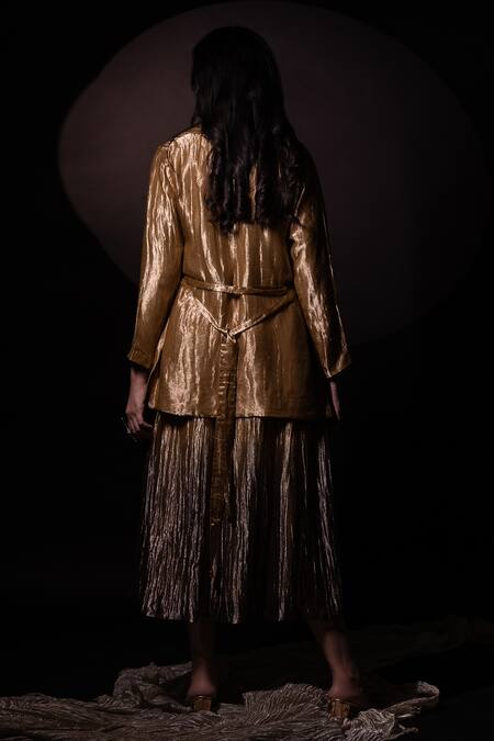 Shop Chambray & CO. Gold Silk Textured Blazer And Ombre Skirt Set at Aza Fashions Shop_Chambray & CO._Gold Silk Textured Blazer And Ombre Skirt Set _at_Aza_Fashions