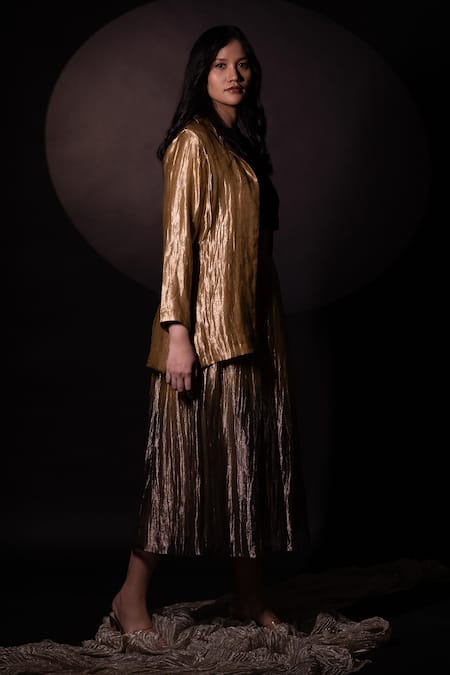 Buy Chambray & CO. Gold Silk Textured Blazer And Ombre Skirt Set Online at Aza Fashions Buy_Chambray & CO._Gold Silk Textured Blazer And Ombre Skirt Set _Online_at_Aza_Fashions
