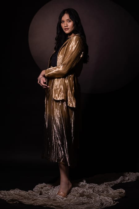 Shop Chambray & CO. Gold Silk Textured Blazer And Ombre Skirt Set Online at Aza Fashions Shop_Chambray & CO._Gold Silk Textured Blazer And Ombre Skirt Set _Online_at_Aza_Fashions