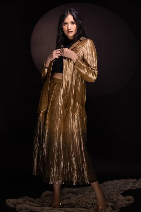 Chambray & CO. Gold Silk Textured Blazer And Ombre Skirt Set at Aza Fashions Chambray & CO._Gold Silk Textured Blazer And Ombre Skirt Set _at_Aza_Fashions
