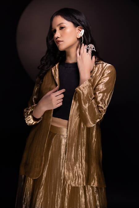 Buy Chambray & CO. Gold Silk Textured Blazer And Ombre Skirt Set Buy_Chambray & CO._Gold Silk Textured Blazer And Ombre Skirt Set