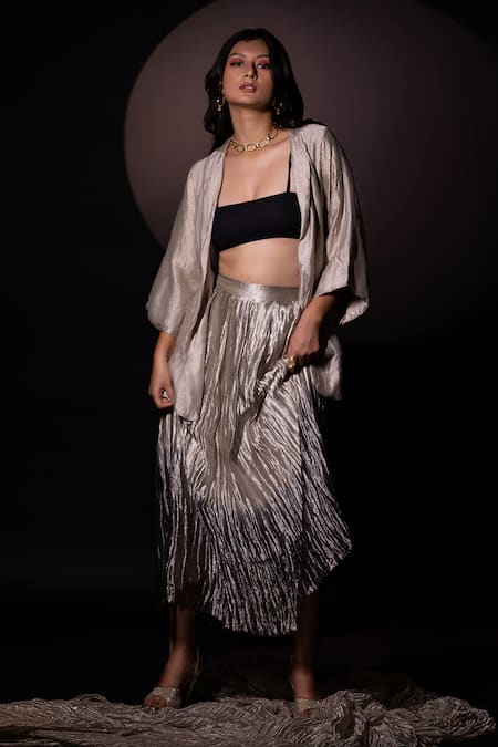 Buy Chambray & CO. Silver Silk Blazer And Ombre Skirt Set Online at Aza Fashions Buy_Chambray & CO._Silver Silk Blazer And Ombre Skirt Set _Online_at_Aza_Fashions