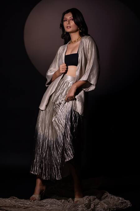 Shop Chambray & CO. Silver Silk Blazer And Ombre Skirt Set Online at Aza Fashions Shop_Chambray & CO._Silver Silk Blazer And Ombre Skirt Set _Online_at_Aza_Fashions