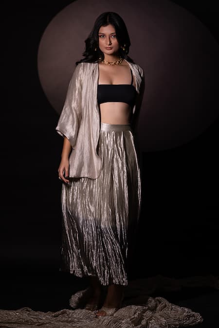 Chambray & CO. Silver Silk Blazer And Ombre Skirt Set at Aza Fashions Chambray & CO._Silver Silk Blazer And Ombre Skirt Set _at_Aza_Fashions