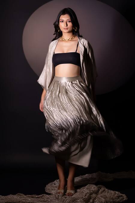 Buy Chambray & CO. Silver Silk Blazer And Ombre Skirt Set Buy_Chambray & CO._Silver Silk Blazer And Ombre Skirt Set