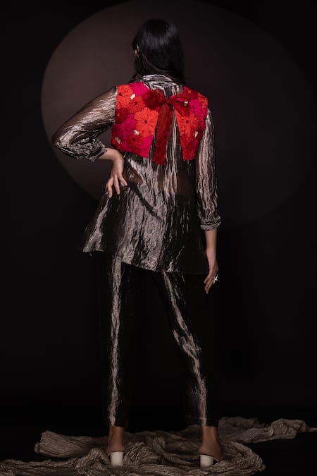 Shop Chambray & CO. Gray Silk Embroidery Collared, Round Neck Floral Jacket Pant Set at Aza Fashions Shop_Chambray & CO._Gray Silk Embroidery Collared, Round Neck Floral Jacket Pant Set _at_Aza_Fashions