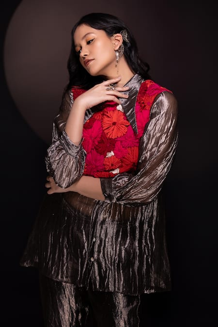 Chambray & CO. Gray Silk Embroidery Collared, Round Neck Floral Jacket Pant Set Online at Aza Fashions Chambray & CO._Gray Silk Embroidery Collared, Round Neck Floral Jacket Pant Set _Online_at_Aza_Fashions