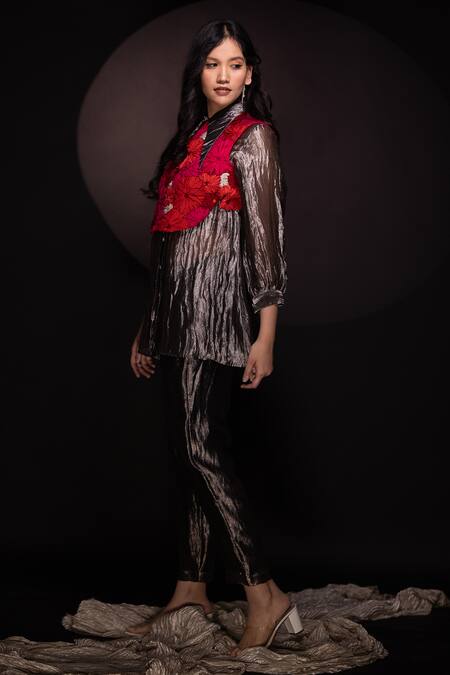 Shop Chambray & CO. Gray Silk Embroidery Collared, Round Neck Floral Jacket Pant Set Online at Aza Fashions Shop_Chambray & CO._Gray Silk Embroidery Collared, Round Neck Floral Jacket Pant Set _Online_at_Aza_Fashions