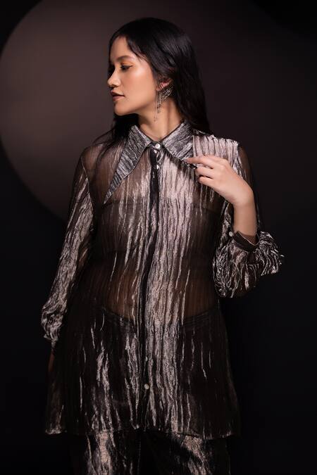 Chambray & CO. Black Silk Collared Textured Shirt And Pant Set Online at Aza Fashions Chambray & CO._Black Silk Collared Textured Shirt And Pant Set _Online_at_Aza_Fashions