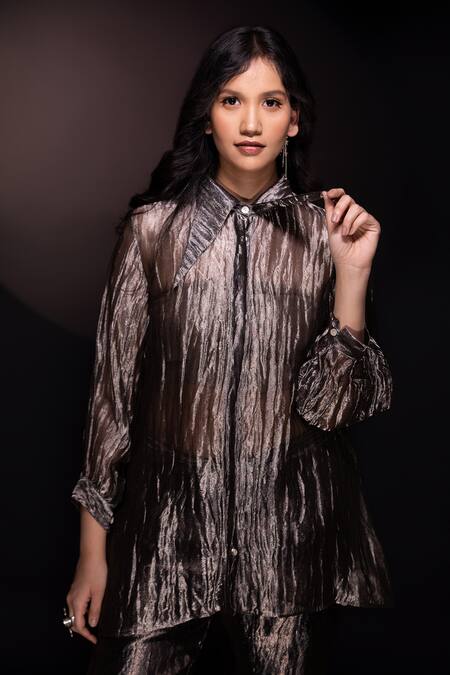 Shop Chambray & CO. Black Silk Collared Textured Shirt And Pant Set Online at Aza Fashions Shop_Chambray & CO._Black Silk Collared Textured Shirt And Pant Set _Online_at_Aza_Fashions