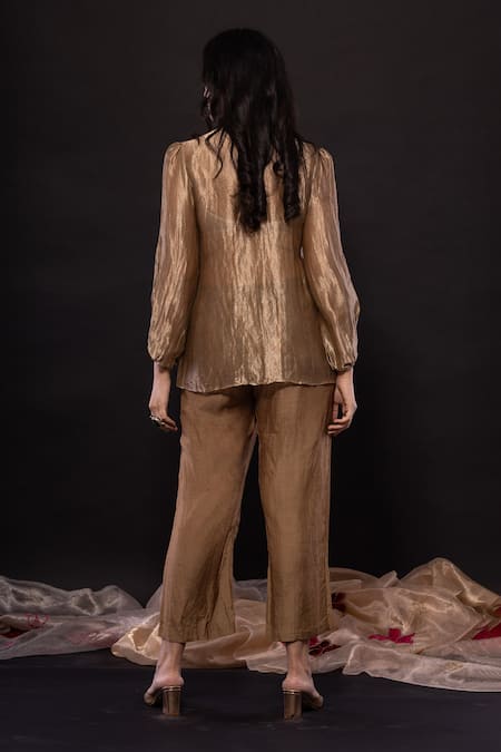 Shop_Chambray & CO._Gold Silk, Velvet Collared Textured Shirt And Pant Set _at_Aza_Fashions
