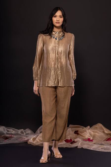 Chambray & CO._Gold Silk, Velvet Collared Textured Shirt And Pant Set _Online_at_Aza_Fashions
