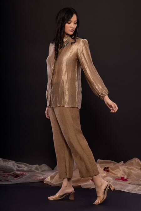 Buy_Chambray & CO._Gold Silk, Velvet Collared Textured Shirt And Pant Set _Online_at_Aza_Fashions