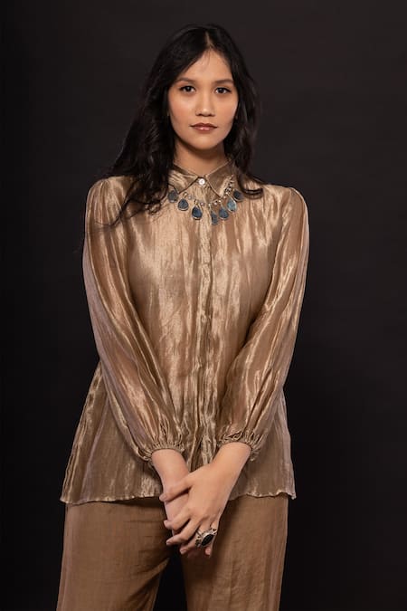 Shop_Chambray & CO._Gold Silk, Velvet Collared Textured Shirt And Pant Set _Online_at_Aza_Fashions