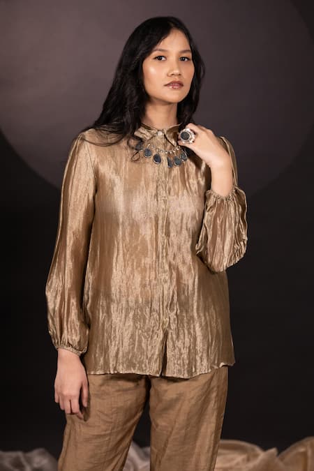Chambray & CO._Gold Silk, Velvet Collared Textured Shirt And Pant Set _at_Aza_Fashions