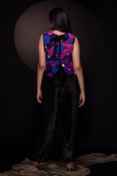 Shop Chambray & CO. Black Silk, Velvet Embroidery Round Neck Floral Top And Pant Set at Aza Fashions Shop_Chambray & CO._Black Silk, Velvet Embroidery Round Neck Floral Top And Pant Set _at_Aza_Fashions
