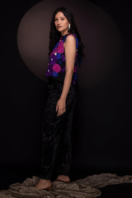 Chambray & CO. Black Silk, Velvet Embroidery Round Neck Floral Top And Pant Set Online at Aza Fashions Chambray & CO._Black Silk, Velvet Embroidery Round Neck Floral Top And Pant Set _Online_at_Aza_Fashions
