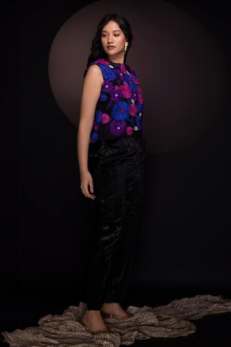 Buy Chambray & CO. Black Silk, Velvet Embroidery Round Neck Floral Top And Pant Set Online at Aza Fashions Buy_Chambray & CO._Black Silk, Velvet Embroidery Round Neck Floral Top And Pant Set _Online_at_Aza_Fashions