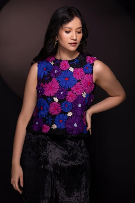 Shop Chambray & CO. Black Silk, Velvet Embroidery Round Neck Floral Top And Pant Set Online at Aza Fashions Shop_Chambray & CO._Black Silk, Velvet Embroidery Round Neck Floral Top And Pant Set _Online_at_Aza_Fashions