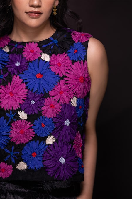 Chambray & CO. Black Silk, Velvet Embroidery Round Neck Floral Top And Pant Set at Aza Fashions Chambray & CO._Black Silk, Velvet Embroidery Round Neck Floral Top And Pant Set _at_Aza_Fashions