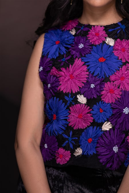 Buy Chambray & CO. Black Silk, Velvet Embroidery Round Neck Floral Top And Pant Set Buy_Chambray & CO._Black Silk, Velvet Embroidery Round Neck Floral Top And Pant Set