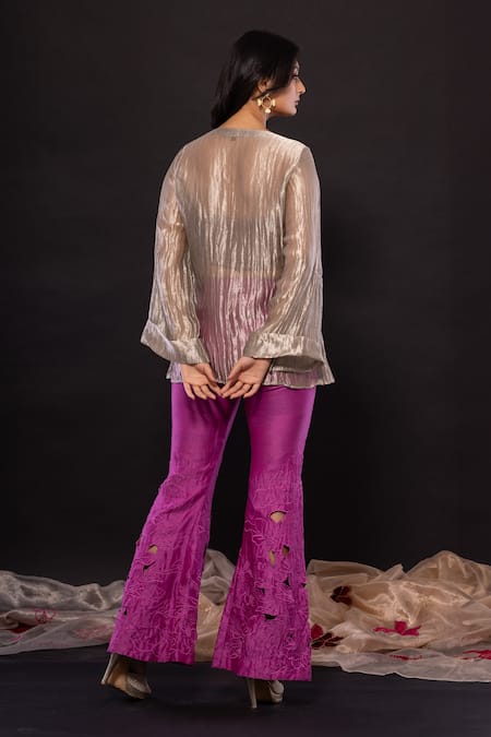 Shop Chambray & CO. Silver Silk Embroidery, Cut Work Collared Floral Shirt And Pant Set at Aza Fashions Shop_Chambray & CO._Silver Silk Embroidery, Cut Work Collared Floral Shirt And Pant Set _at_Aza_Fashions