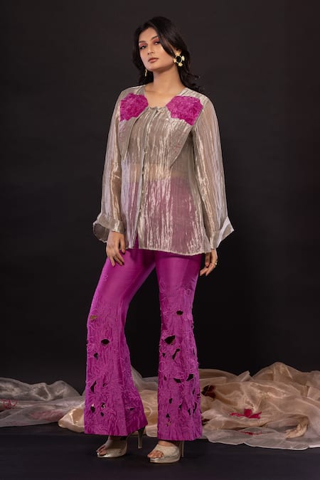 Chambray & CO. Silver Silk Embroidery, Cut Work Collared Floral Shirt And Pant Set Online at Aza Fashions Chambray & CO._Silver Silk Embroidery, Cut Work Collared Floral Shirt And Pant Set _Online_at_Aza_Fashions