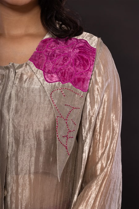 Buy Chambray & CO. Silver Silk Embroidery, Cut Work Collared Floral Shirt And Pant Set Online at Aza Fashions Buy_Chambray & CO._Silver Silk Embroidery, Cut Work Collared Floral Shirt And Pant Set _Online_at_Aza_Fashions