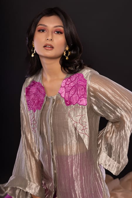 Shop Chambray & CO. Silver Silk Embroidery, Cut Work Collared Floral Shirt And Pant Set Online at Aza Fashions Shop_Chambray & CO._Silver Silk Embroidery, Cut Work Collared Floral Shirt And Pant Set _Online_at_Aza_Fashions