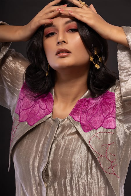 Buy Chambray & CO. Silver Silk Embroidery, Cut Work Collared Floral Shirt And Pant Set Buy_Chambray & CO._Silver Silk Embroidery, Cut Work Collared Floral Shirt And Pant Set