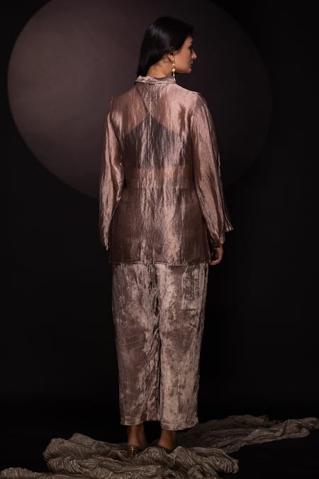 Shop Chambray & CO. Gold Silk, Velvet Applique, Embroidery Champagne Floral Shirt And Pant Set at Aza Fashions Shop_Chambray & CO._Gold Silk, Velvet Applique, Embroidery Champagne Floral Shirt And Pant Set _at_Aza_Fashions