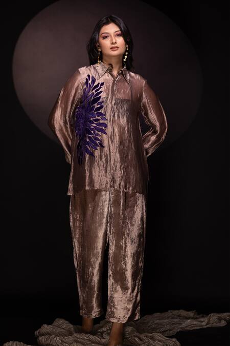Chambray & CO. Gold Silk, Velvet Applique, Embroidery Champagne Floral Shirt And Pant Set Online at Aza Fashions Chambray & CO._Gold Silk, Velvet Applique, Embroidery Champagne Floral Shirt And Pant Set _Online_at_Aza_Fashions