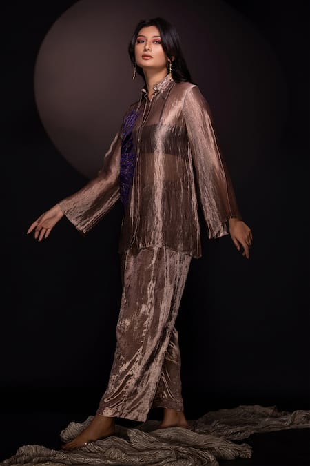 Buy Chambray & CO. Gold Silk, Velvet Applique, Embroidery Champagne Floral Shirt And Pant Set Online at Aza Fashions Buy_Chambray & CO._Gold Silk, Velvet Applique, Embroidery Champagne Floral Shirt And Pant Set _Online_at_Aza_Fashions
