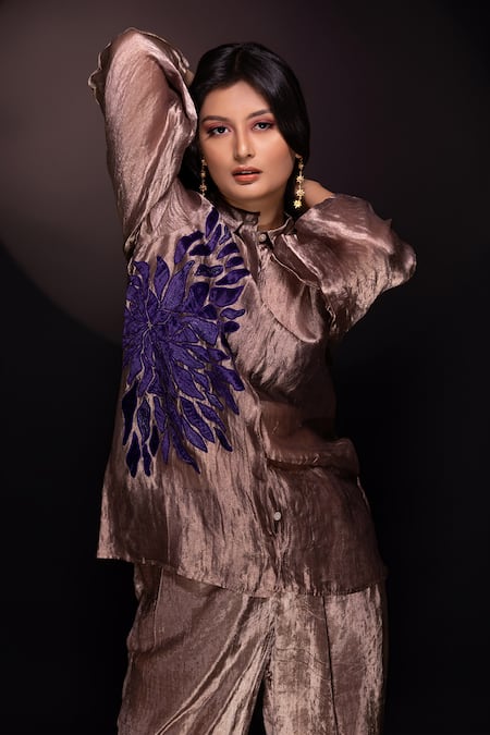 Shop Chambray & CO. Gold Silk, Velvet Applique, Embroidery Champagne Floral Shirt And Pant Set Online at Aza Fashions Shop_Chambray & CO._Gold Silk, Velvet Applique, Embroidery Champagne Floral Shirt And Pant Set _Online_at_Aza_Fashions