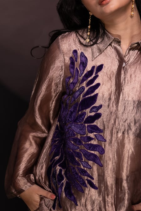 Chambray & CO. Gold Silk, Velvet Applique, Embroidery Champagne Floral Shirt And Pant Set at Aza Fashions Chambray & CO._Gold Silk, Velvet Applique, Embroidery Champagne Floral Shirt And Pant Set _at_Aza_Fashions