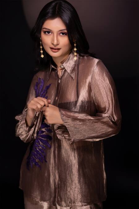 Buy Chambray & CO. Gold Silk, Velvet Applique, Embroidery Champagne Floral Shirt And Pant Set Buy_Chambray & CO._Gold Silk, Velvet Applique, Embroidery Champagne Floral Shirt And Pant Set