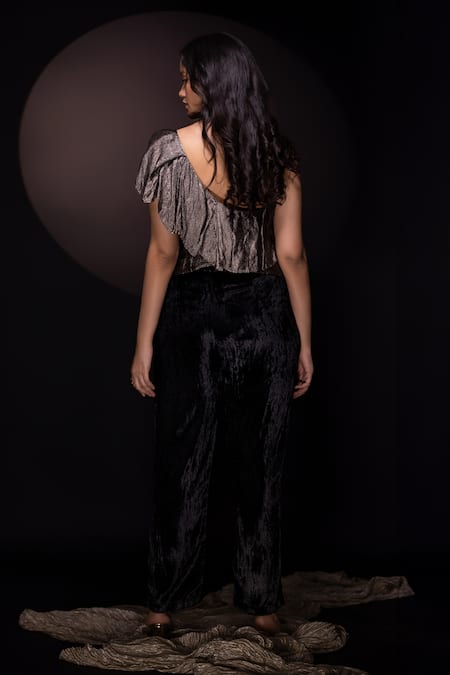 Shop Chambray & CO. Black Silk Asymmetric Pleated One Shoulder Top And Pant Set at Aza Fashions Shop_Chambray & CO._Black Silk Asymmetric Pleated One Shoulder Top And Pant Set _at_Aza_Fashions