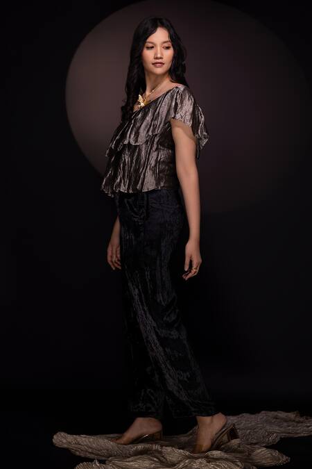 Chambray & CO. Black Silk Asymmetric Pleated One Shoulder Top And Pant Set Online at Aza Fashions Chambray & CO._Black Silk Asymmetric Pleated One Shoulder Top And Pant Set _Online_at_Aza_Fashions