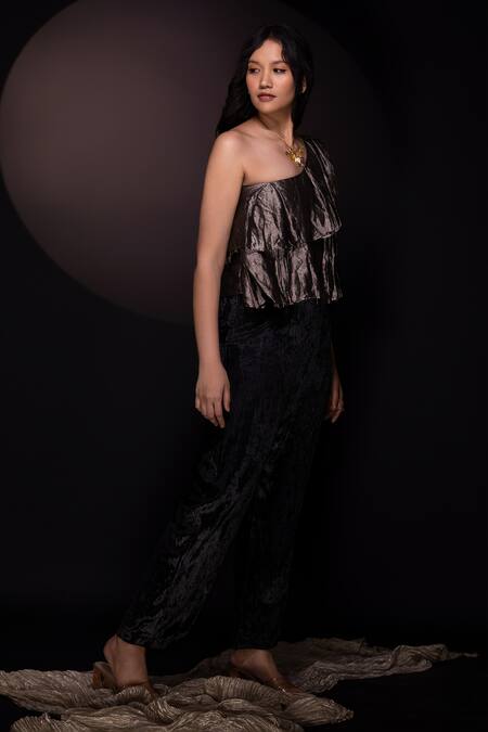 Buy Chambray & CO. Black Silk Asymmetric Pleated One Shoulder Top And Pant Set Online at Aza Fashions Buy_Chambray & CO._Black Silk Asymmetric Pleated One Shoulder Top And Pant Set _Online_at_Aza_Fashions