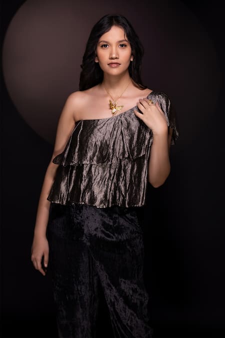 Shop Chambray & CO. Black Silk Asymmetric Pleated One Shoulder Top And Pant Set Online at Aza Fashions Shop_Chambray & CO._Black Silk Asymmetric Pleated One Shoulder Top And Pant Set _Online_at_Aza_Fashions