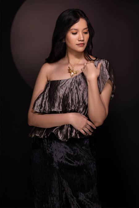 Chambray & CO. Black Silk Asymmetric Pleated One Shoulder Top And Pant Set at Aza Fashions Chambray & CO._Black Silk Asymmetric Pleated One Shoulder Top And Pant Set _at_Aza_Fashions