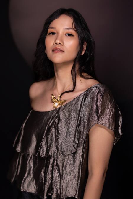 Buy Chambray & CO. Black Silk Asymmetric Pleated One Shoulder Top And Pant Set Buy_Chambray & CO._Black Silk Asymmetric Pleated One Shoulder Top And Pant Set