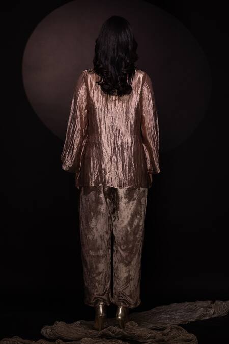 Shop Chambray & CO. Gold Silk, Velvet Collared Textured Shirt And Pant Set at Aza Fashions Shop_Chambray & CO._Gold Silk, Velvet Collared Textured Shirt And Pant Set _at_Aza_Fashions