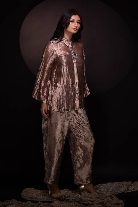 Chambray & CO. Gold Silk, Velvet Collared Textured Shirt And Pant Set Online at Aza Fashions Chambray & CO._Gold Silk, Velvet Collared Textured Shirt And Pant Set _Online_at_Aza_Fashions